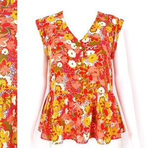 Ann Taylor LOFT Georgette Floral Blouse Ruffle Peplum Three Front Buttons V-Neck